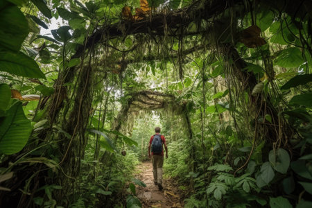 person, walking through jungle, with vines and plants hanging overhead, created with generative aiの素材