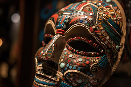 close-up of mask, with intricate and colorful designs, created with generative aiの素材