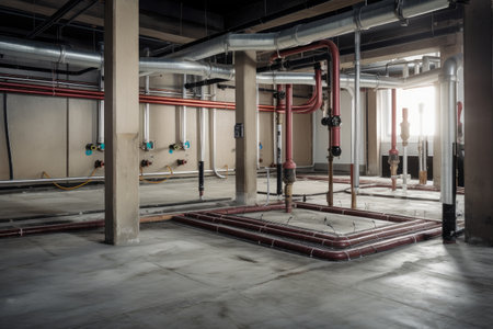 geothermal energy system, with pipes and vents in the floor, providing heat for office building, created with generative aiの素材