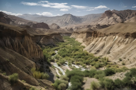 majestic mountain range with a lush valley in the foreground and a desert oasis in the background, created with generative aiの素材