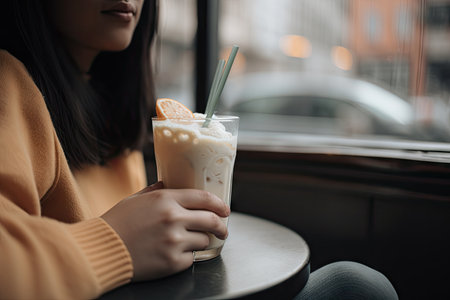 person, taking a break from their busy day and enjoying refreshing milkshake and soft drink, created with generative aiの素材