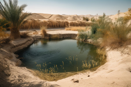 oasis in the middle of a scorched and barren desert, with a stream of clear water flowing from its center, created with generative aiの素材