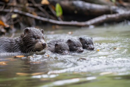 family of otters playing in river, with their fluffy tails and curious faces visible, created with generative aiの素材
