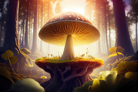 magic mushroom growing in natural environment, with sun shining through the trees, created with generative aiの素材