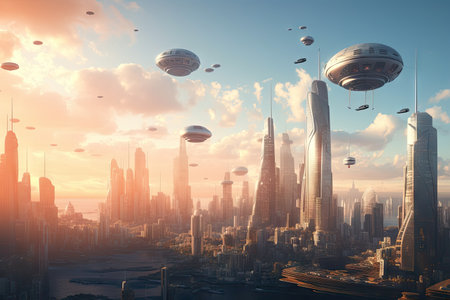 futuristic city, with towering skyscrapers and flying cars visible in the sky, created with generative aiの素材