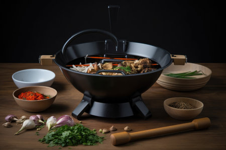 wok and portable grill, with ingredients and spices for stir-fry on the go, created with generative aiの素材
