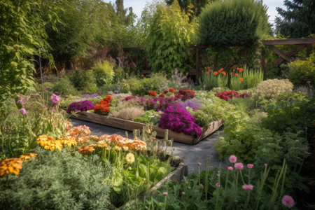 fresh garden growth with melange of vibrant colors and textures, created with generative aiの素材