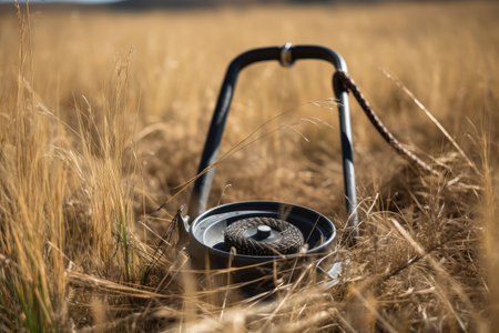 a metal detector, with a rope attached to the handle and being dragged through the tall grass, created with generative aiの素材