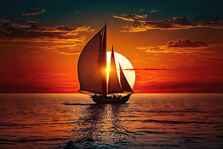sunset sailboat cruising on calm ocean with sail unfurled, created with generative aiの素材