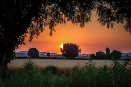 summer sunset over harvest moon, with silhouettes of trees and crops in the background, created with generative aiの素材