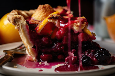 close-up of slice of fruit pie, with juices and filling oozing out, created with generative aiの素材