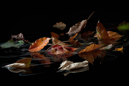 series of serene close-ups of fallen leaves, with the wind blowing and rippling the surface, created with generative aiの素材