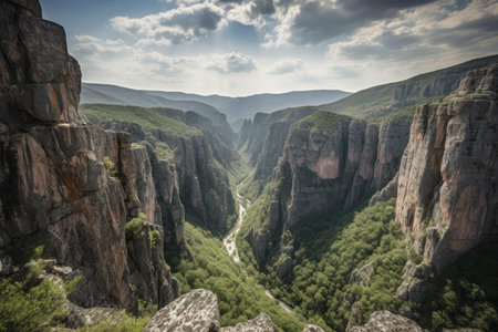 a breathtaking view of a valley surrounded by natural rock formations, created with generative aiの素材
