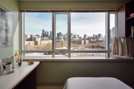 hospital room, with view of cityscape and busy downtown street visible through the window, created with generative aiの素材