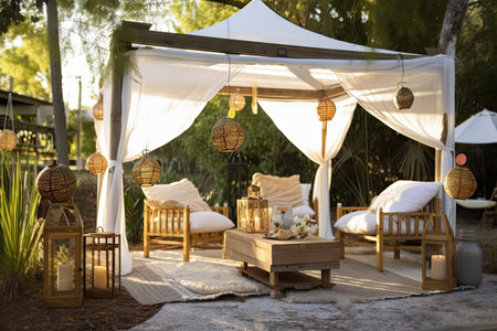 relaxing outdoor area with canopy, rocking chairs, and lanterns for a tranquil escape, created with generative aiの素材