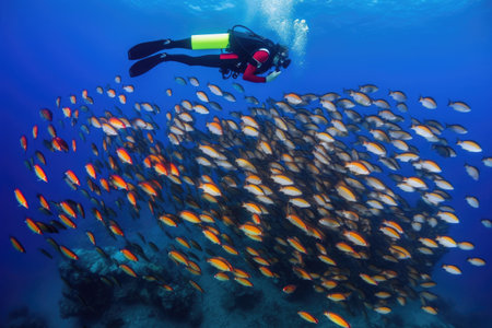 scuba diver hovering above school of colorful fish, created with generative aiの素材
