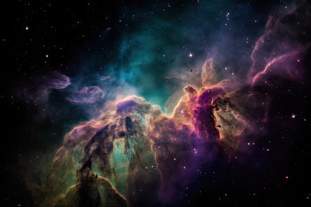majestic nebula with its colorful hues twinkling in the darkness of space, created with generative aiの素材