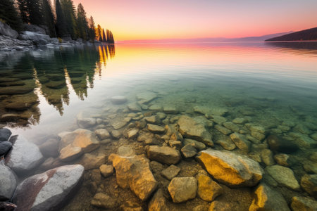 crystal-clear lake at sunrise, with stunning yellow and pink hues, created with generative aiの素材