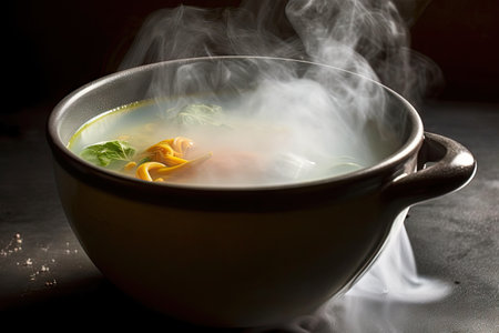 a warm bowl of soup, with steam rising from the hot broth, created with generative aiの素材