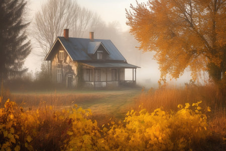 cottage surrounded by golden, misty autumn morning light, created with generative aiの素材