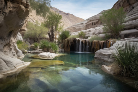desert oasis with waterfalls and rock pools on a mountainside, created with generative aiの素材
