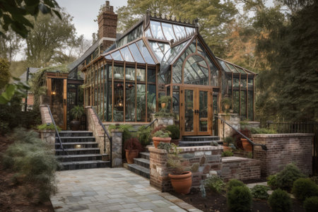 luxury greenhouse with heated floors and cascading water feature, created with generative aiの素材