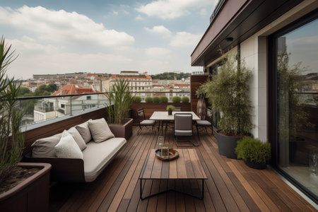 a beautifully furnished terrace overlooking the city skyline, created with generative aiの素材