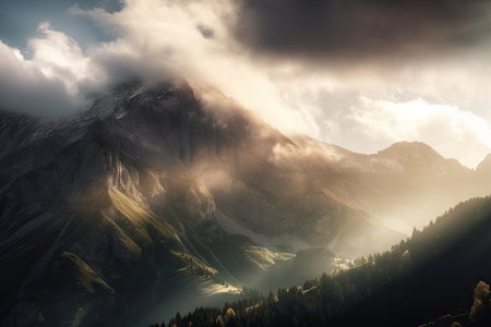 majestic mountain range, with clouds and sun peeking through the sky, created with generative aiの素材