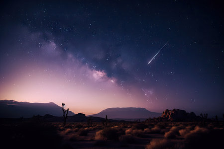 night sky with shooting stars and desert landscape in the background, created with generative aiの素材