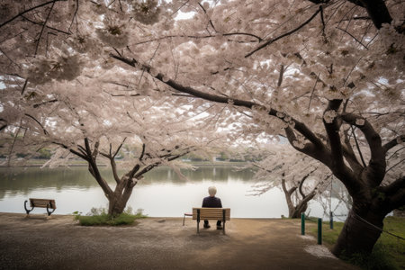 park, with cherry blossom trees in full bloom, and person enjoying the view, created with generative aiの素材