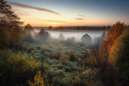 misty sunrise over forest, with mist rising from the trees, created with generative aiの素材