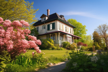 house, surrounded by blooming garden and sunshine, with clear blue sky in the background, created with generative aiの素材