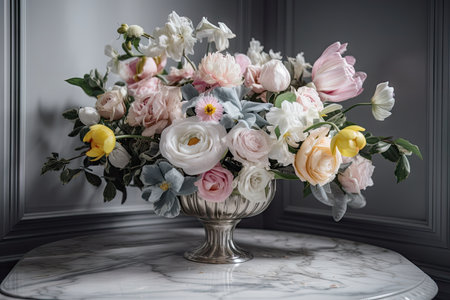 pastel flower bouquet in silver vase on marble tabletop, created with generative aiの素材