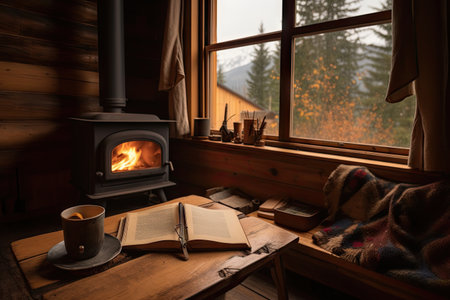 cabin retreat with wood-burning stove, books, and hot cup of tea, created with generative aiの素材