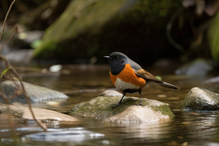 male redstart bird in woodland stream, with its head tipped back and wings outspread, created with generative aiの素材