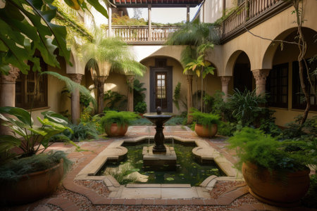 tropical courtyard, with water features and lush plants, in mediterranean-style home, created with generative aiの素材
