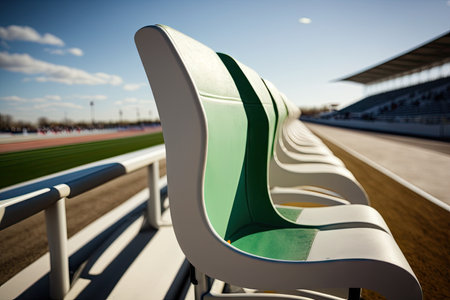 close-up of one free seat on the grandstand, with a view of the stadium and sky in the background, created with generative aiの素材