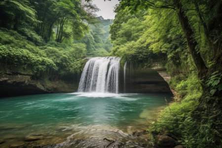majestic waterfall cascading into crystal-clear river, surrounded by lush greenery, created with generative aiの素材