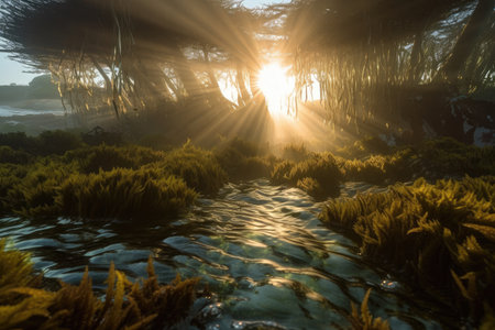 kelp forest at sunrise, with the sunlight filtering through the water, created with generative aiの素材