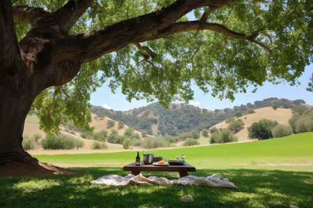 picnic under the shade of a large tree with a view of rolling green hills, created with generative aiの素材