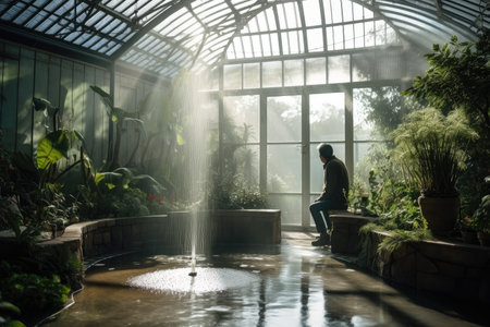 person, enjoying the tranquility of greenhouse, with fountain and peaceful music in the background, created with generative aiの素材