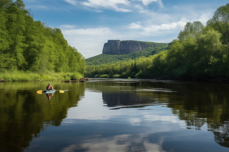 canoeist paddling down serene river, with incredible scenery in the background, created with generative aiの素材