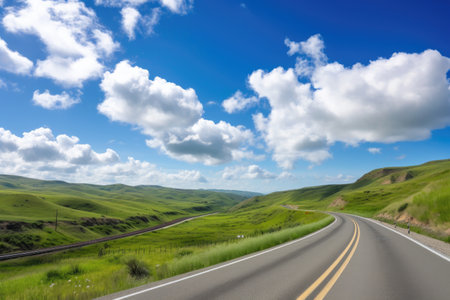 scenic highway with rolling hills, clouds and blue sky in the background, created with generative aiの素材
