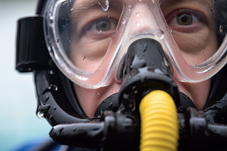 close-up of scuba divers face, with mask and snorkel in view, created with generative aiの素材