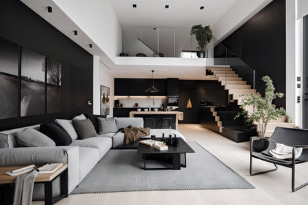 minimalist home with sleek, modern furniture and bold black & white accents, created with generative aiの素材