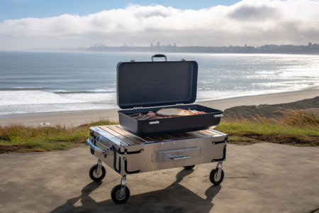 portable grill, with view of the beach and ocean in the background, created with generative aiの素材
