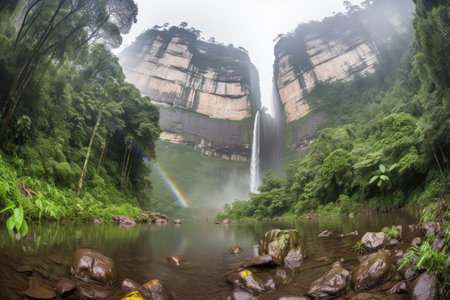 majestic waterfall, with mist and rainbows cascading down the jungle cliffs, created with generative aiの素材