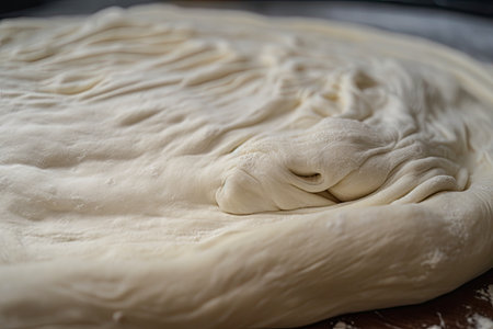 close-up of pizza dough with visible strands, ready to be topped, created with generative aiの素材