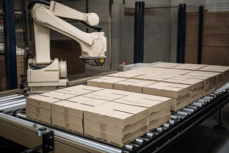 palletizing robot placing boxes on a conveyor belt, created with generative aiの素材
