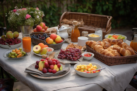 al fresco brunch with fresh fruit, pastries, and coffee, created with generative aiの素材